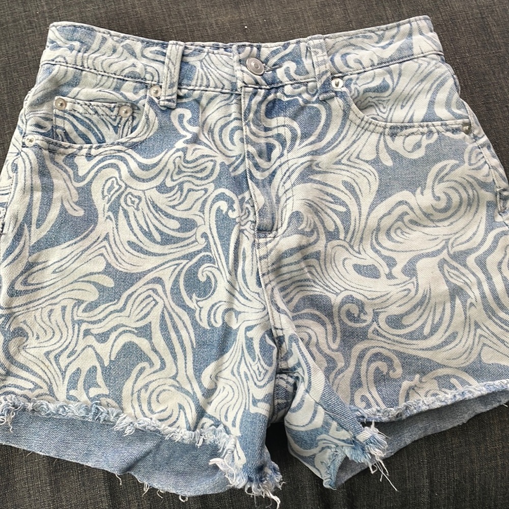 swirly light blue polyester denim shorts from walmart